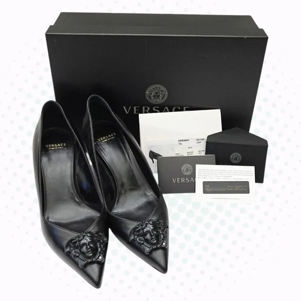 Versace Black Leather Medusa Logo Kitten Heels Size EU 36 (w/ OG Box & CLG code)